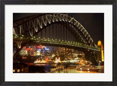 Framed Australia, NSW, Sydney Harbour Bridge, Tour Boat at Night Print