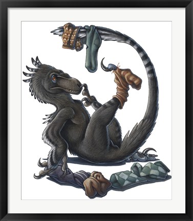 Framed Deinonychus Dinosaur Playing with Socks Print