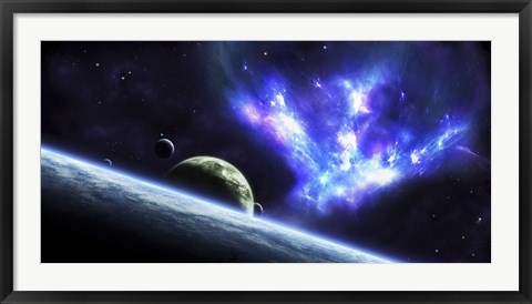 Framed Bird-shaped Nebula Watches over a Group of Planets Print