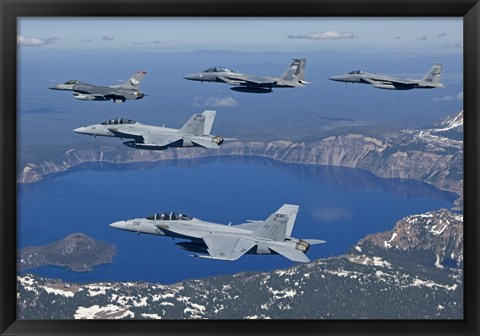 Framed Five Ship Aircraft Formation Flies over Crater Lake, Oregon Print