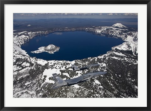 Framed Two F-15 Eagles Fly over Crater Lake in Central Oregon Print