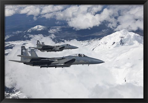 Framed Two F-15 Eagles Fly Past Snow Capped Peaks in Central Oregon Print