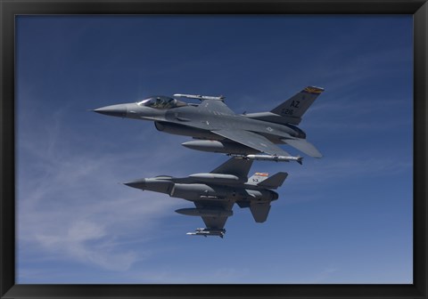 Framed Two F-16&#39;s Manuever on Air-to-Air Training Mission Print