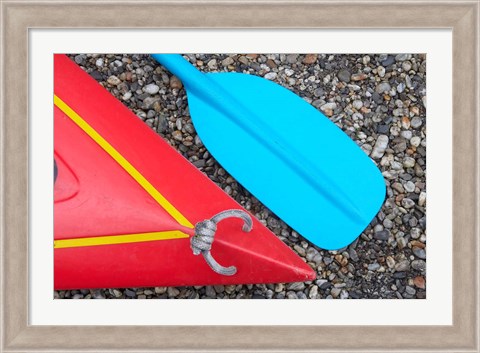 Framed Detail of Red Kayak and Blue Paddle Print