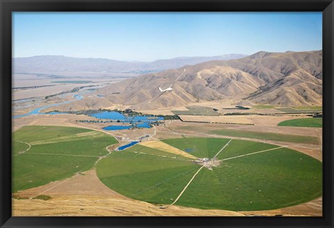 Framed Giant Rotary Irrigation Scheme near Twizel, Mackenzie Country, South Island, New Zealand Print