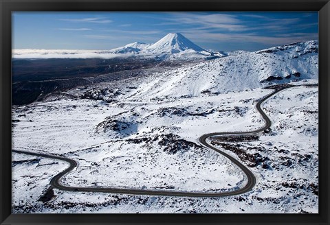 Framed Bruce Road up Mt Ruapehu, and Mt Ngauruhoe, Tongariro National Park, North Island, New Zealand Print