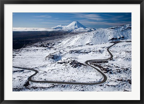 Framed Bruce Road up Mt Ruapehu, and Mt Ngauruhoe, Tongariro National Park, North Island, New Zealand Print