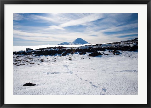 Framed Footsteps in Snow and Mt Ngauruhoe, Tongariro National Park, North Island, New Zealand Print