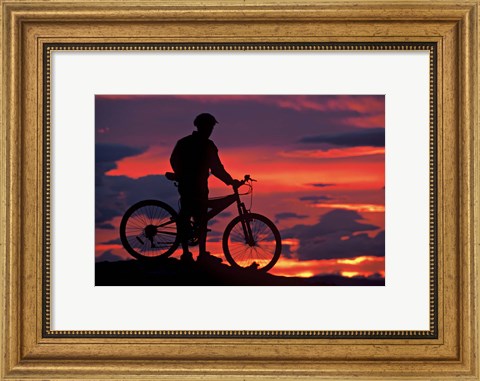 Framed Mountain Biker and Sunset, Dunstan Mountains, Central Otago Print