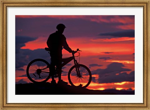 Framed Mountain Biker and Sunset, Dunstan Mountains, Central Otago Print