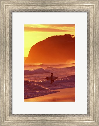 Framed Surfer at Sunset, St Kilda Beach, Dunedin, New Zealand Print