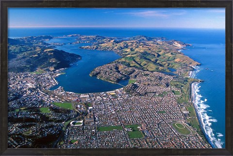 Framed Otago Harbor and Otago Peninsula, Dunedin City, New Zealand Print