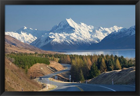 Framed Road to Aoraki Mount Cook, Mackenzie Country, South Canterbury, South Island, New Zealand Print