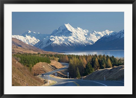 Framed Road to Aoraki Mount Cook, Mackenzie Country, South Canterbury, South Island, New Zealand Print