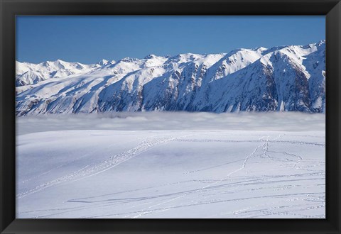 Framed Roundhill Ski Area with fog covered Lake Tekapo and the Hall Range, South Island, New Zealand Print