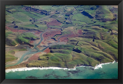 Framed Pleasant River, near Palmerston, East Otago, South Island, New Zealand - aerial Print