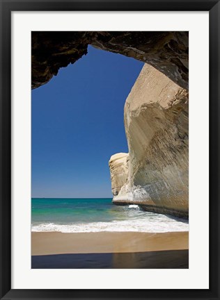 Framed Sea cave, beach and cliffs, Tunnel Beach, Dunedin, South Island, New Zealand Print