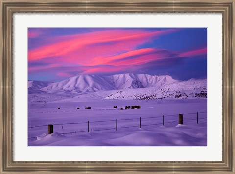 Framed Sunset over Hawkdun Range and farmland, Maniototo, Otago, New Zealand Print