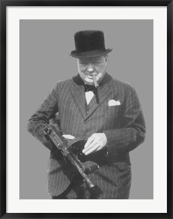 Framed Sir Winston Churchill with a Tommy Gun Print