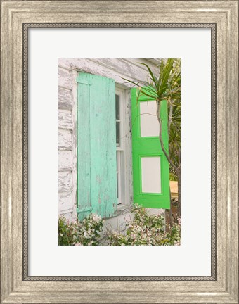 Framed Beach House Green shutters, Loyalist Cays, Bahamas, Caribbean Print