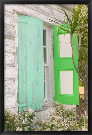 Framed Beach House Green shutters, Loyalist Cays, Bahamas, Caribbean Print