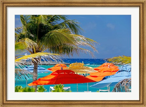 Framed Umbrellas and Shade at Castaway Cay, Bahamas, Caribbean Print