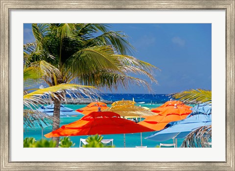 Framed Umbrellas and Shade at Castaway Cay, Bahamas, Caribbean Print