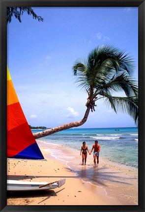 Framed Couple on Beach with Sailboat and Palm Tree, Barbados Print