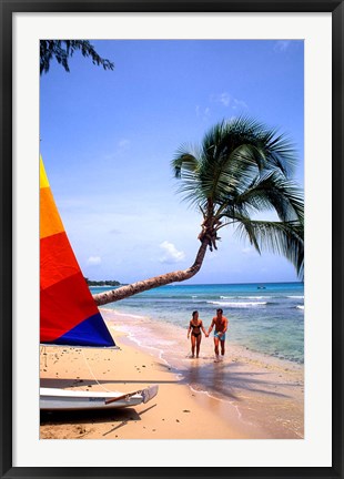 Framed Couple on Beach with Sailboat and Palm Tree, Barbados Print