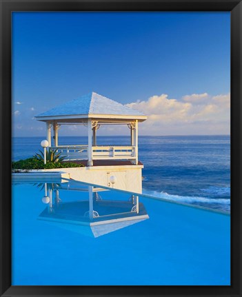 Framed Gazebo reflecting on pool with sea in background, Long Island, Bahamas Print