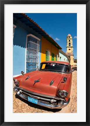 Framed Old Classic Chevy on cobblestone street of Trinidad, Cuba Print