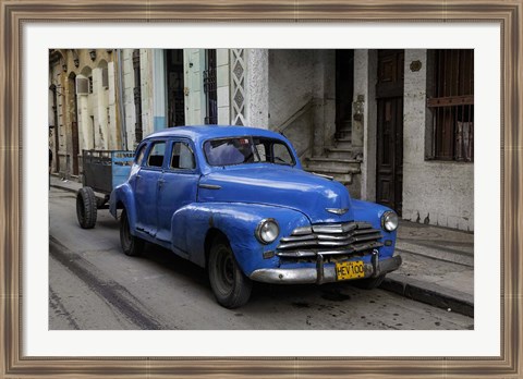 Framed 1950&#39;s era blue car, Havana Cuba Print