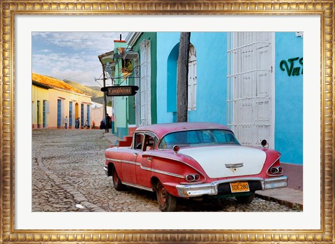 Framed Colorful buildings and 1958 Chevrolet Biscayne, Trinidad, Cuba Print