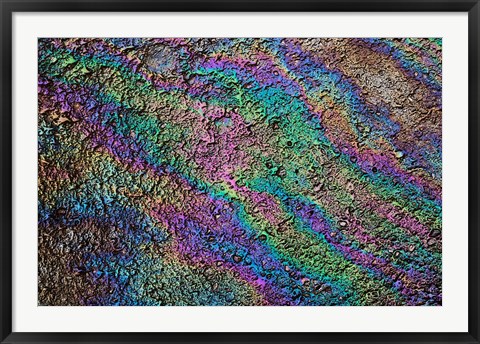 Framed Motor oil creating rainbow pattern on pavement, Havana, Cuba Print