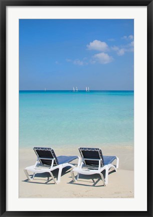 Framed Sand and beach chairs await tourists, Varadero, Cuba Print