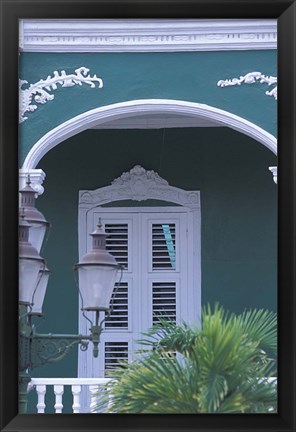 Framed Green Building and Detail, Willemstad, Curacao, Caribbean Print