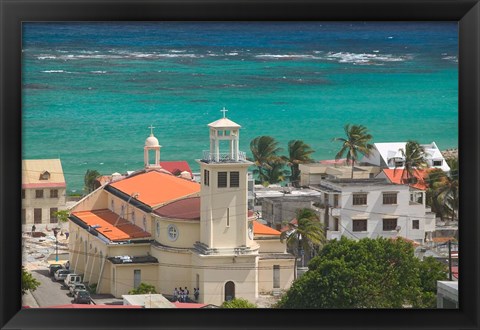 Framed Town View and Church on Marie-Galante Island, Guadaloupe, Caribbean Print