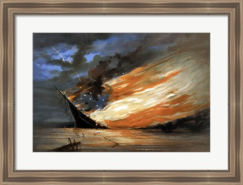 Framed Vintage Civil War painting Warship Burning Print