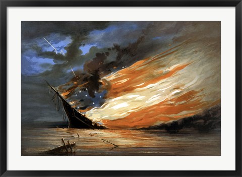 Framed Vintage Civil War painting Warship Burning Print