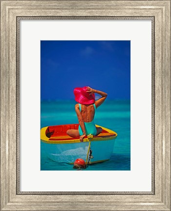 Framed Woman in Boat with Pink Straw Hat, Caribbean Print
