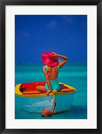 Framed Woman in Boat with Pink Straw Hat, Caribbean Print