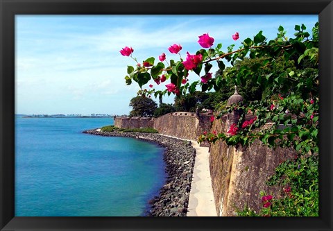 Framed Waterfront Walkway, Fort San Felipe del Morro, San Juan, Puerto Rico, Print