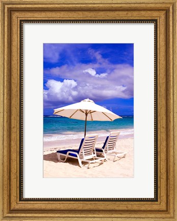 Framed Umbrellas On Dawn Beach, St Maarten, Caribbean Print