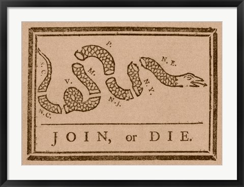 Framed Join or Die Created by Benjamin Franklin Print