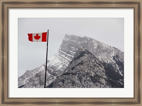 Framed Canada, Alberta, Banff Mountain view with flag Print