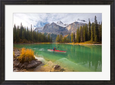 Framed Kayaker on Maligne Lake, Jasper National Park, Alberta, Canada Print