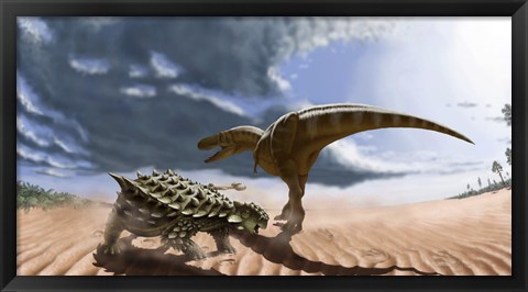 Framed Tarbosaurus dinosaur and an armored Saichania ankylosaurid Print