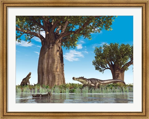 Framed Kaprosuchus crocodyliforms near a baobab tree in a prehistoric landscape Print