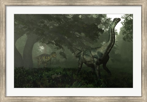 Framed Antarctosaurus stalked by Abelisaurus in a prehistoric landscape Print