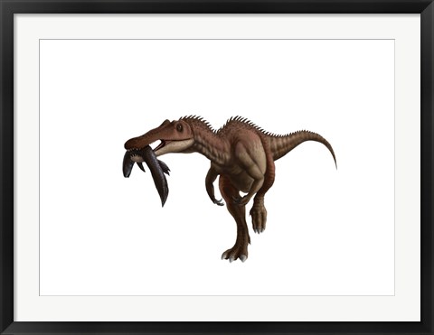 Framed Baryonyx dinosaur with a fish in mouth, white background Print